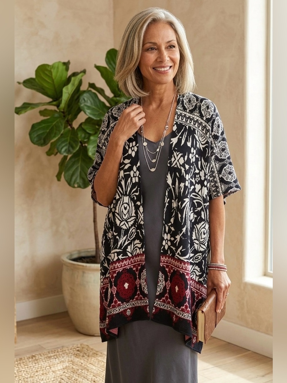 Chico's Navy and White Floral Kimono Poncho